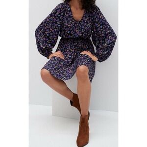 BANANA REPUBLIC Navy Blue Floral Dress A Line Balloon Sleeves Folklore Flowers L